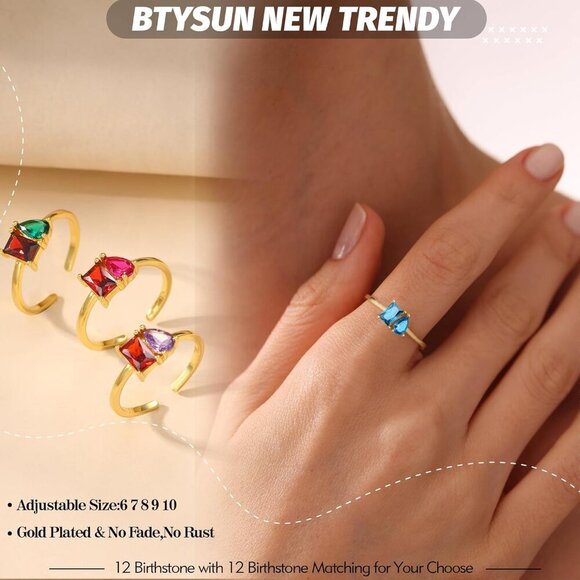 Birthstone Rings for Women Non Tarnish Gold Rings Birthday Gifts for Teen Girls - Picture 4 of 7